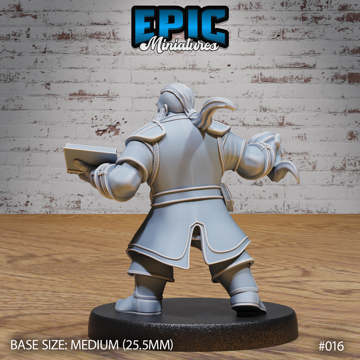 Dwarf sorcerer seen from behind, showing broad armoured shoulders, layered robes with detailed trim, one hand extended with spell energy, the other gripping an open tome at his side. Sculpt by Epic Miniatures.