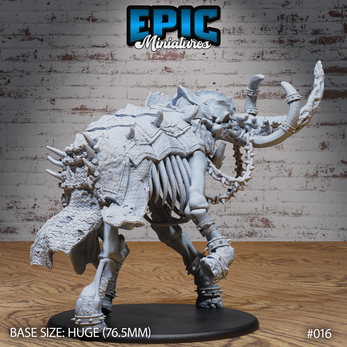 Skeletal elephant miniature viewed from the side and rear, showing spiked armour plating across haunches, braided tail, articulated bone legs with spiked ankle bands, tusks raised, 76.5mm base. By Epic Miniatures.