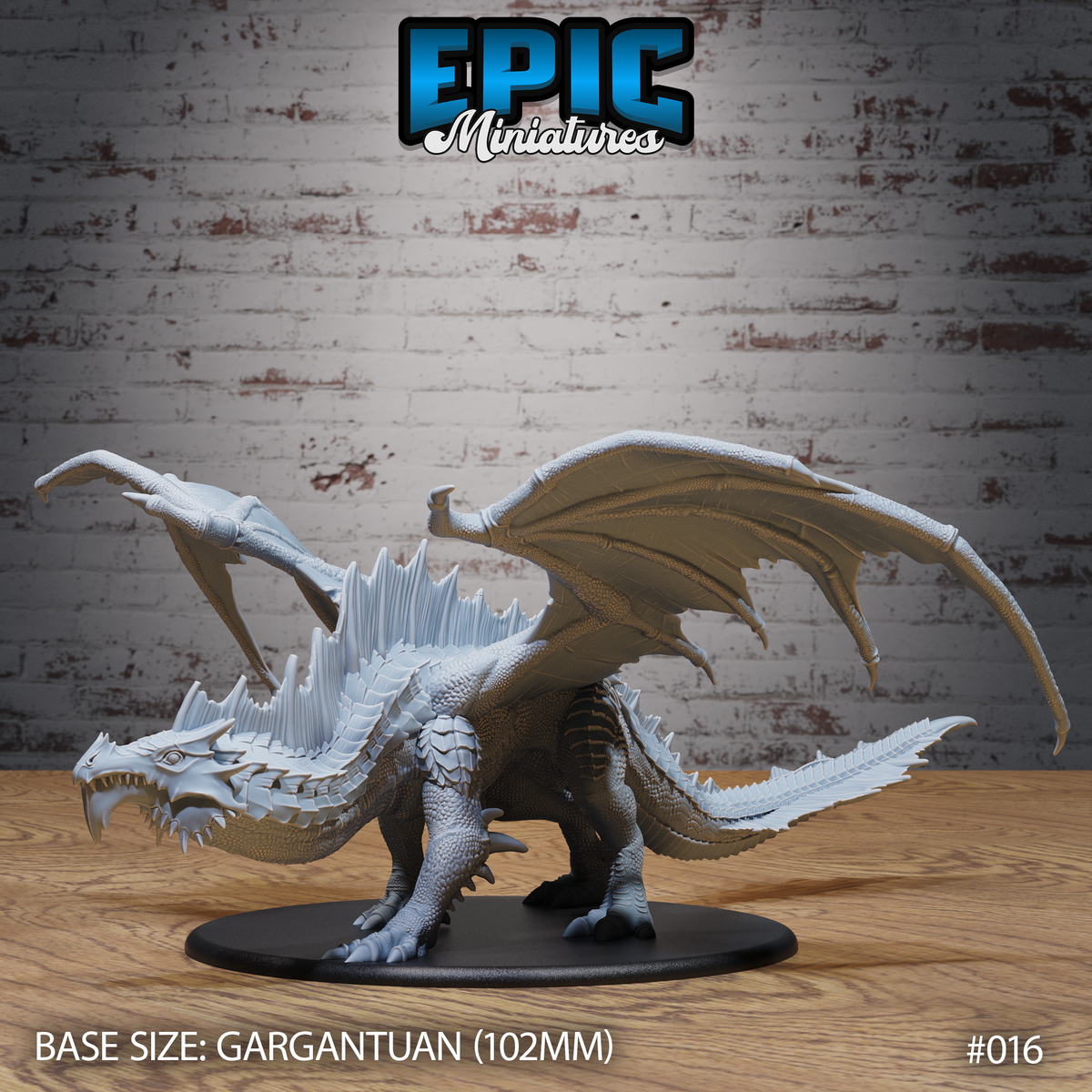 Ancient Green Dragon miniature by Epic Miniatures, low-slung gargantuan body with mouth open in a snarl, broad spiked dorsal frills, wings spread wide, on a 102mm oval base.