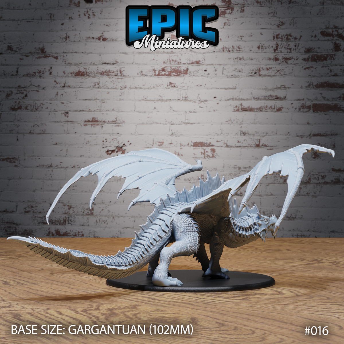 Ancient Green Dragon by Epic Miniatures viewed from behind and above, showing ribbed wing membranes, long spine-ridged tail, layered scale textures across torso and neck, on a 102mm base.
