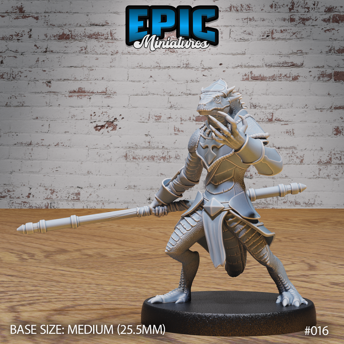 Armoured lizardfolk monk in a low combat stance, gripping a long spear in one hand with the other clawed hand raised in guard. Layered plate armour over natural scales, crested helmet, short flowing cape. Sculpt by Epic Miniatures.