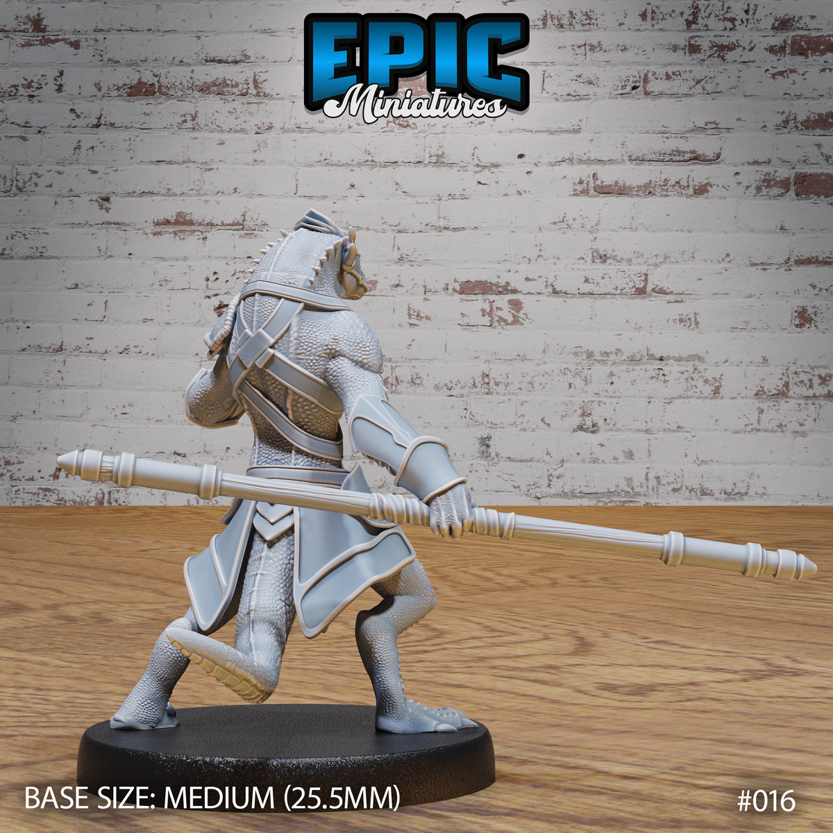 Lizardfolk monk viewed from behind, showing broad scaled shoulders, cross-body armour straps, layered back plating, and a low spear held horizontally at hip height. Dense scale texture visible across legs and tail. Sculpt by Epic Miniatures.