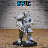 Heavily muscular orc warrior holding a crossbow at waist height, wearing a horned helm, bare chest with bracers, layered fur kilt, and heavy boots. Bolt case visible on back. Epic Miniatures sculpt.