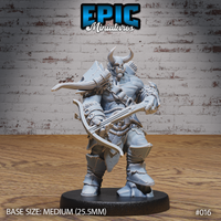 Heavily muscular orc warrior holding a crossbow at waist height, wearing a horned helm, bare chest with bracers, layered fur kilt, and heavy boots. Bolt case visible on back. Epic Miniatures sculpt.