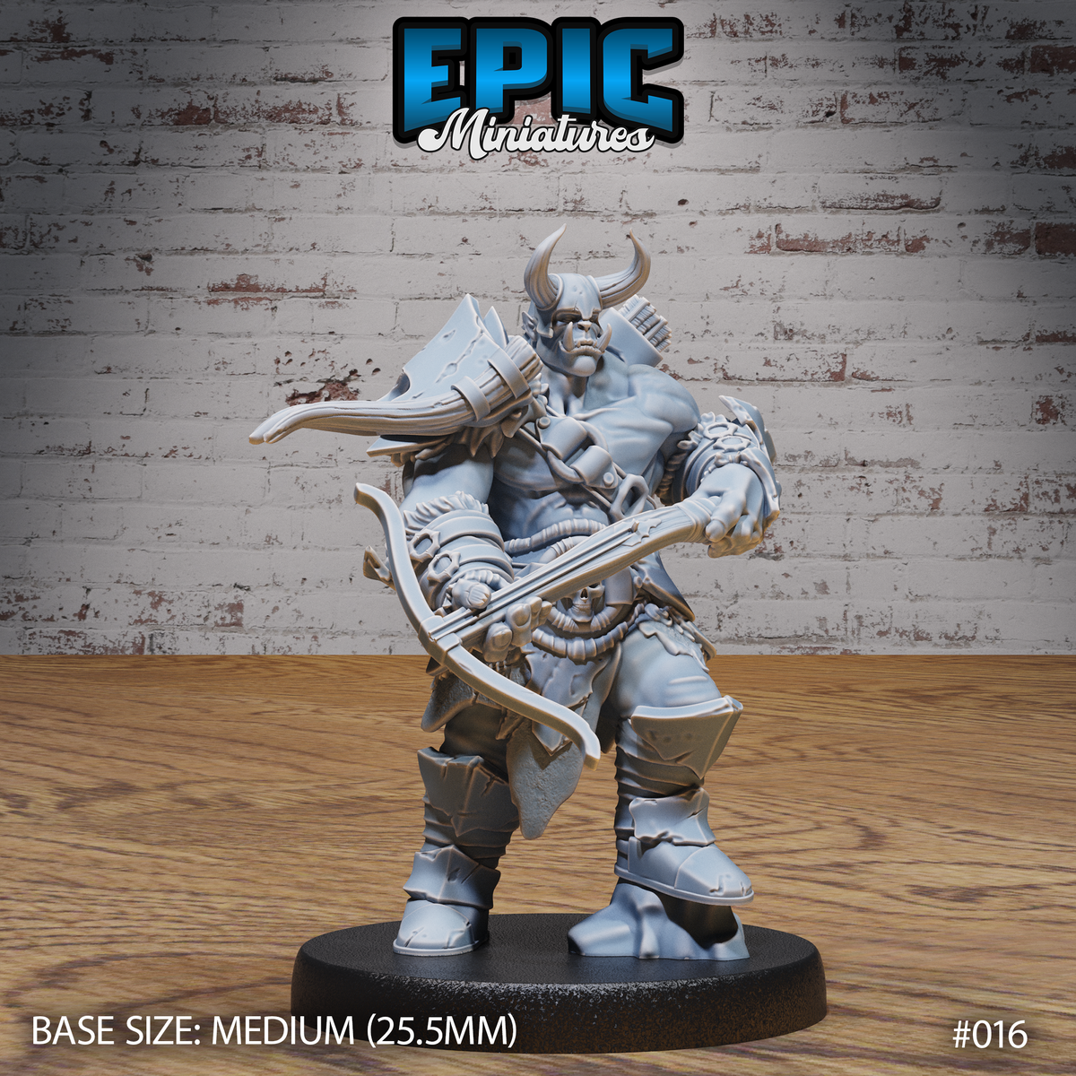 Heavily muscular orc warrior holding a crossbow at waist height, wearing a horned helm, bare chest with bracers, layered fur kilt, and heavy boots. Bolt case visible on back. Epic Miniatures sculpt.