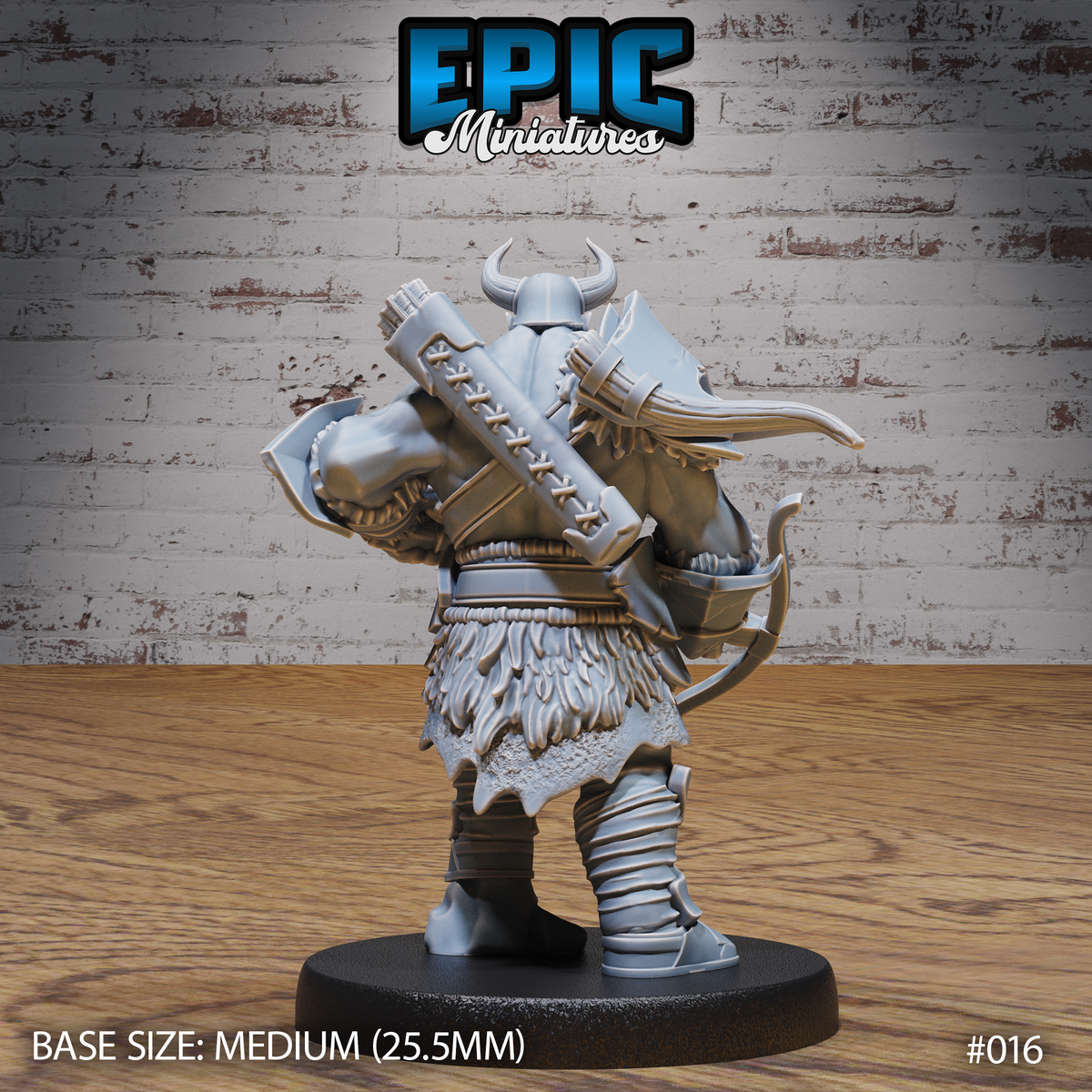 Rear of a broad-shouldered orc warrior showing a full bolt case strapped across a crossed leather harness, horned helm, fur kilt, and wrapped boots. Epic Miniatures sculpt.