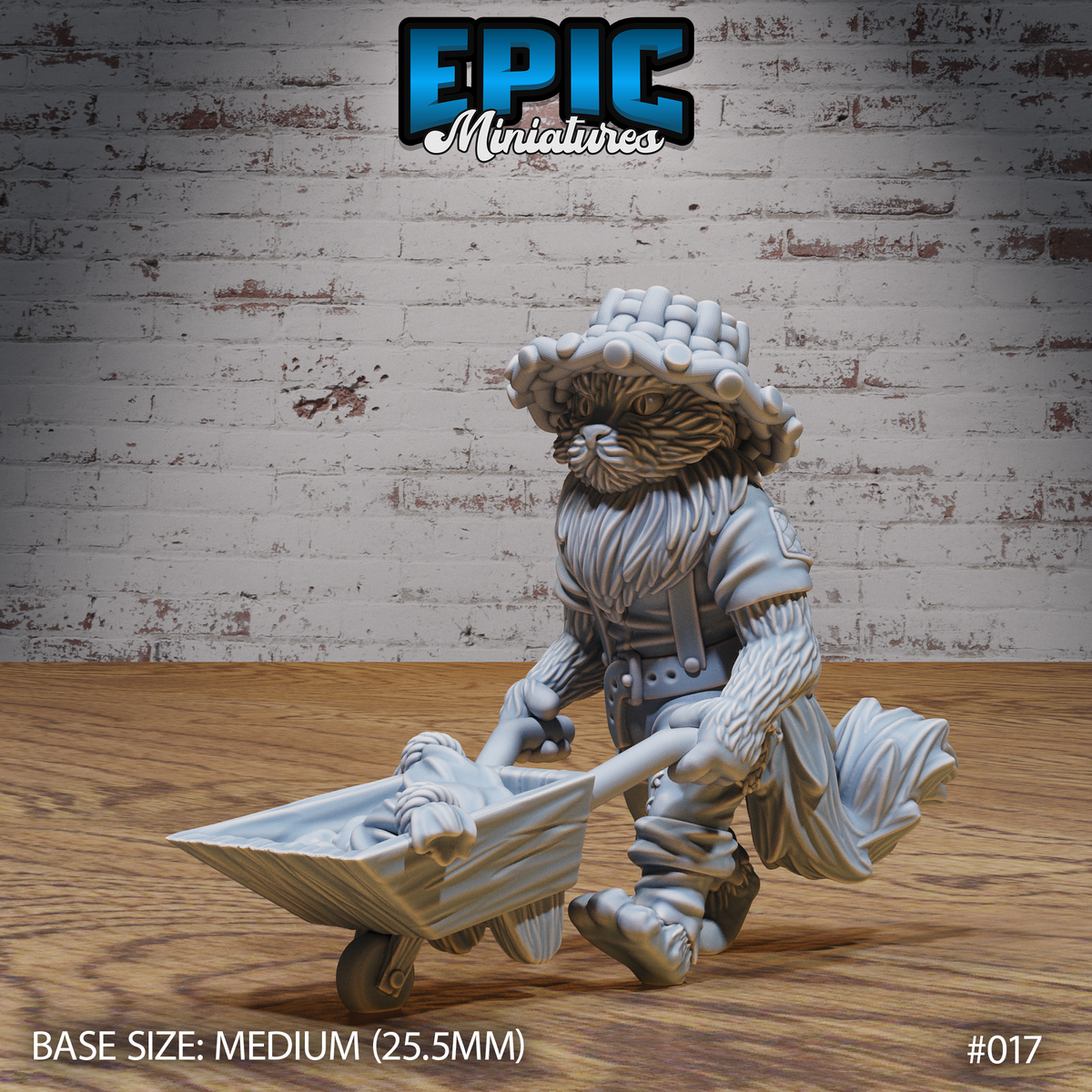 Stocky catfolk villager with a flowing fur mane and wide braided hat, pushing a detailed wooden wheelbarrow laden with goods. Epic Miniatures sculpt.
