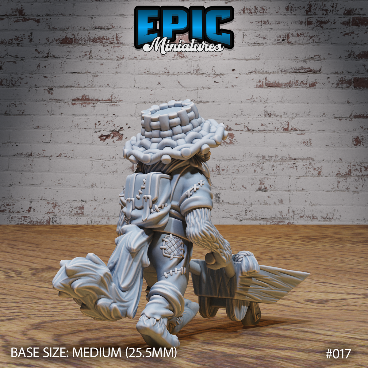 Catfolk villager seen from behind, showing a quilted coat with cross-stitched detailing, layered fur textures on legs, and a tall braided hat. Epic Miniatures sculpt.