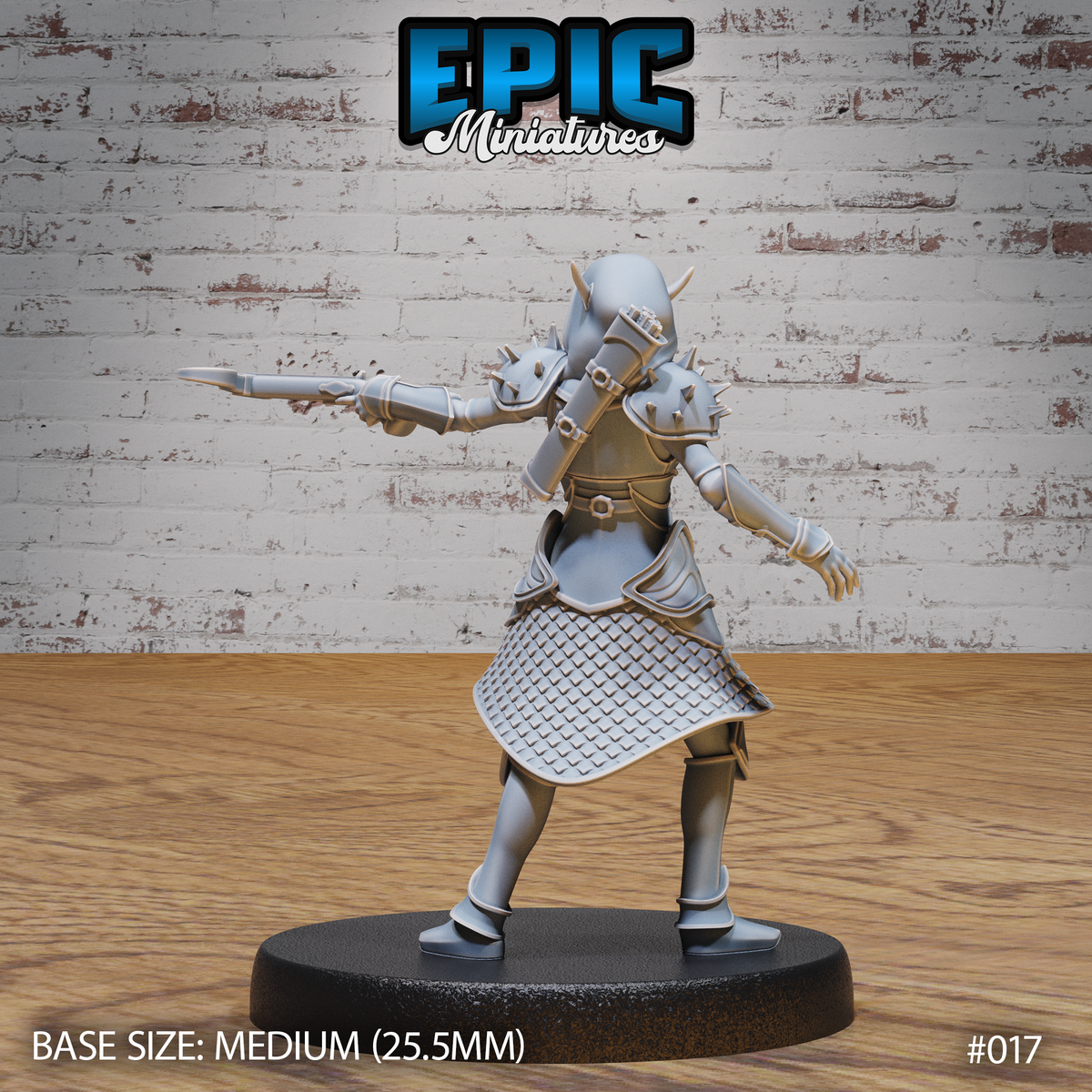 Dark elf female soldier seen from behind, revealing chainmail skirt panels, buckled back plate, and studded pauldrons, crossbow arm extended outward mid-aim. Sculpt by Epic Miniatures.