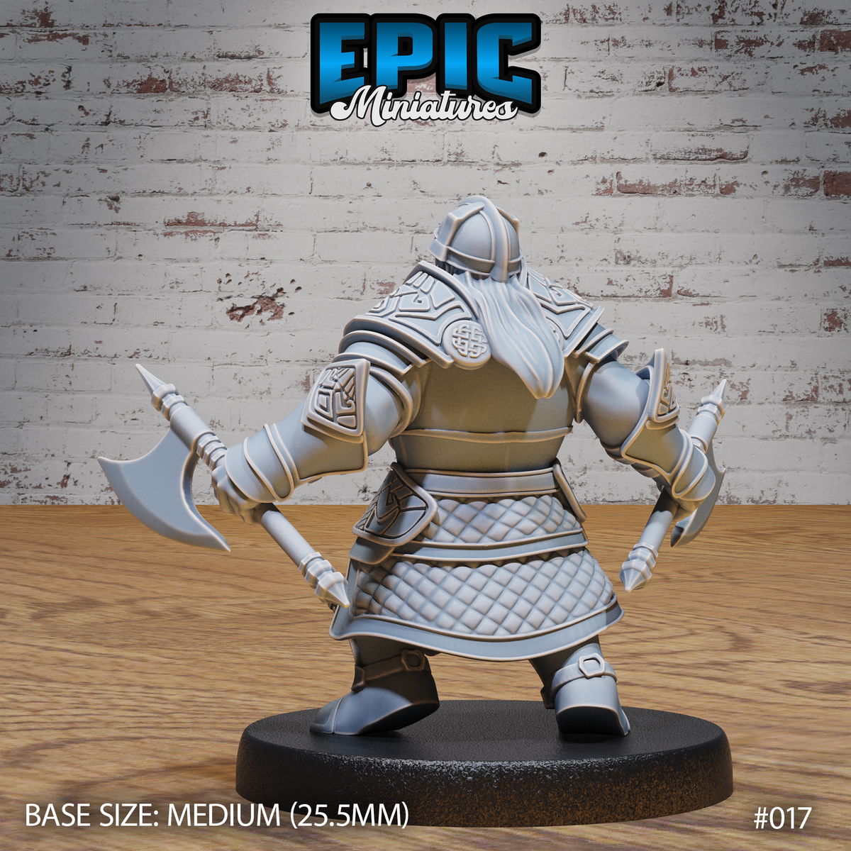 Dwarf warrior seen from behind, wearing layered plate armour with engraved Celtic motifs on pauldrons and back panels, quilted lower armour skirt, holding a handaxe in each hand at his sides. Sculpt by Epic Miniatures.