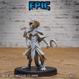 Lizardfolk warrior striding forward with jaws open wide and neck crest flared, holding a curved sickle, wearing layered plate armour with pauldrons and armoured coat, long tail behind. Sculpt by Epic Miniatures.