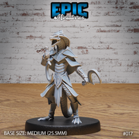 Lizardfolk warrior striding forward with jaws open wide and neck crest flared, holding a curved sickle, wearing layered plate armour with pauldrons and armoured coat, long tail behind. Sculpt by Epic Miniatures.