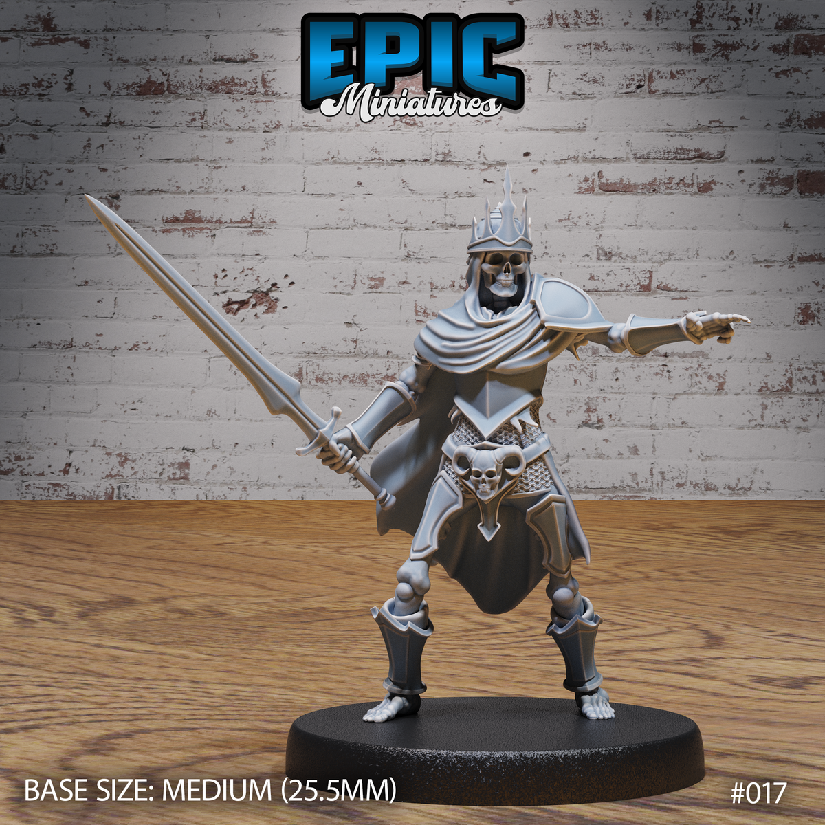 Skeleton in a spiked crown and layered plate armour, extending one pointing hand and holding a longsword low at its side, wearing a skull-decorated belt and a flowing cape. Sculpt by Epic Miniatures.