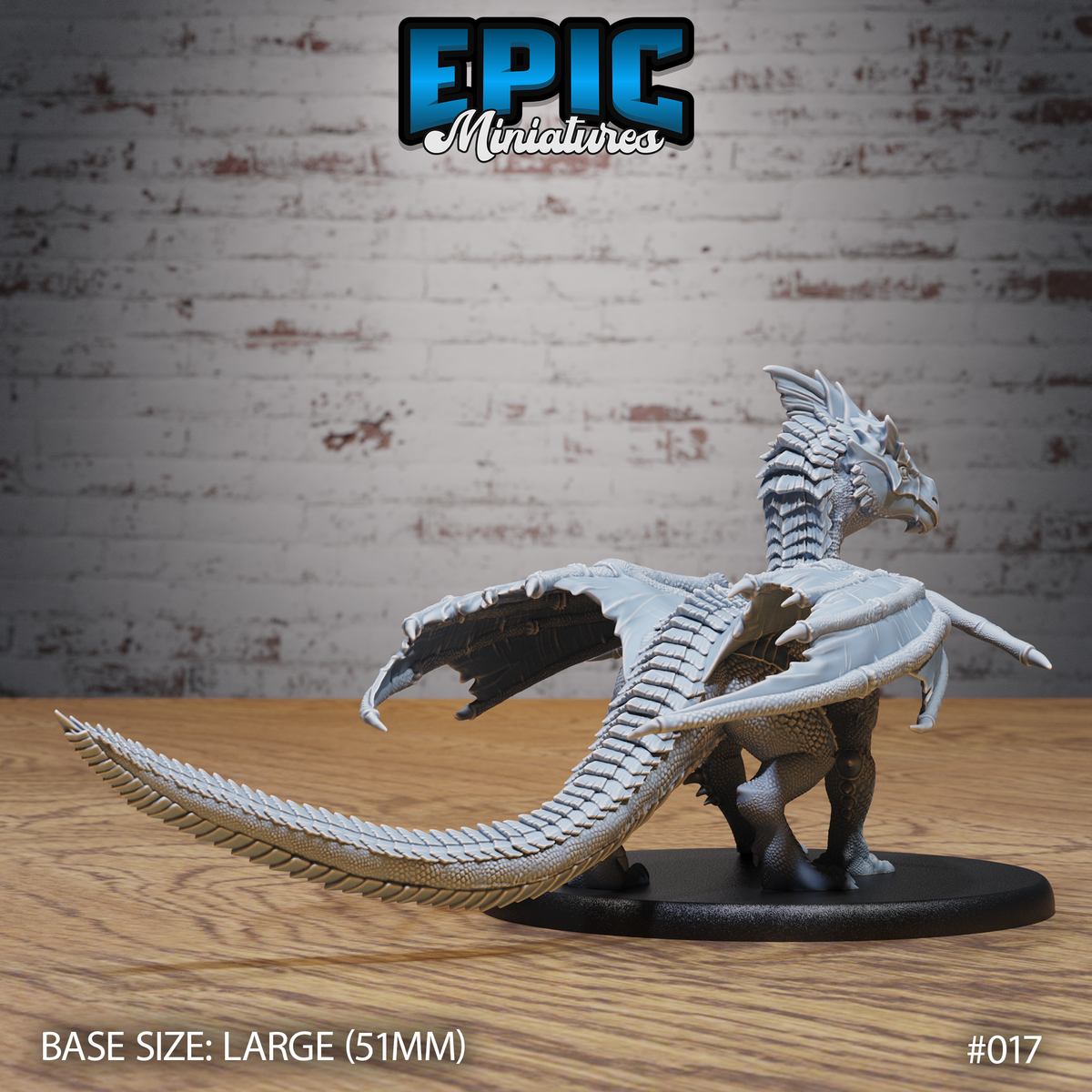 Young white dragon miniature seen from behind, showing swept-back ribbed wings, heavily scaled spine and segmented tail with a scythe-like tip curving outward to the left. Mounted on a 51mm oval base. By Epic Miniatures.