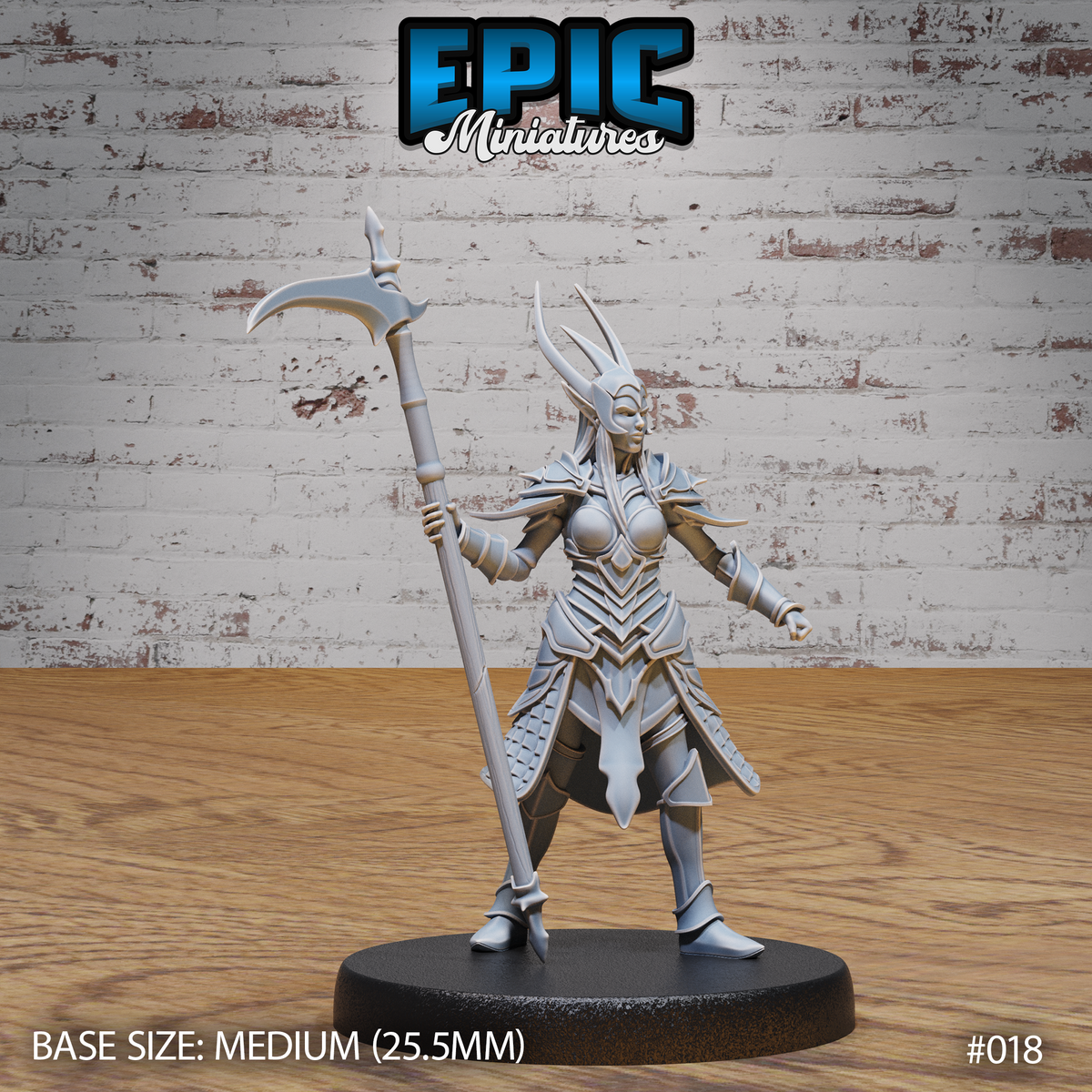 Female dark elf warrior standing with a tall crescent-bladed scythe in her right hand, fist clenched at her side, wearing angular horned plate armour with a scaled skirt. Sculpt by Epic Miniatures.