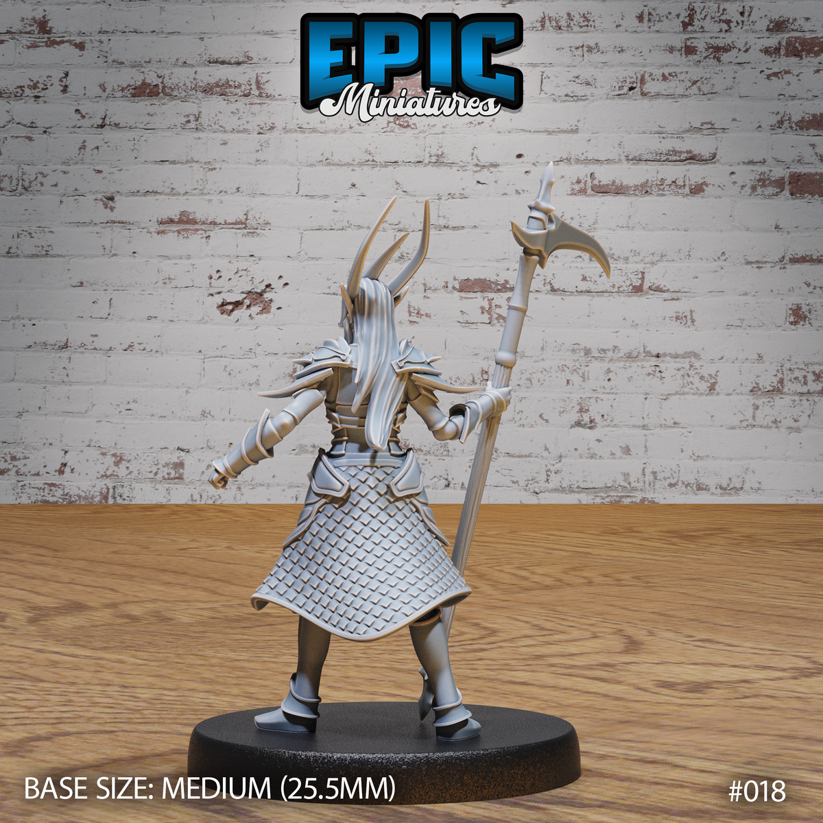 Dark elf warrior viewed from behind, long pale hair flowing over angular plate armour with a detailed scale-mail skirt, raising a crescent-bladed scythe aloft. Sculpt by Epic Miniatures.