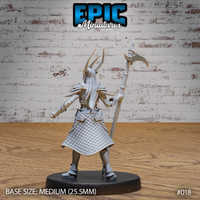 Dark elf warrior viewed from behind, long pale hair flowing over angular plate armour with a detailed scale-mail skirt, raising a crescent-bladed scythe aloft. Sculpt by Epic Miniatures.