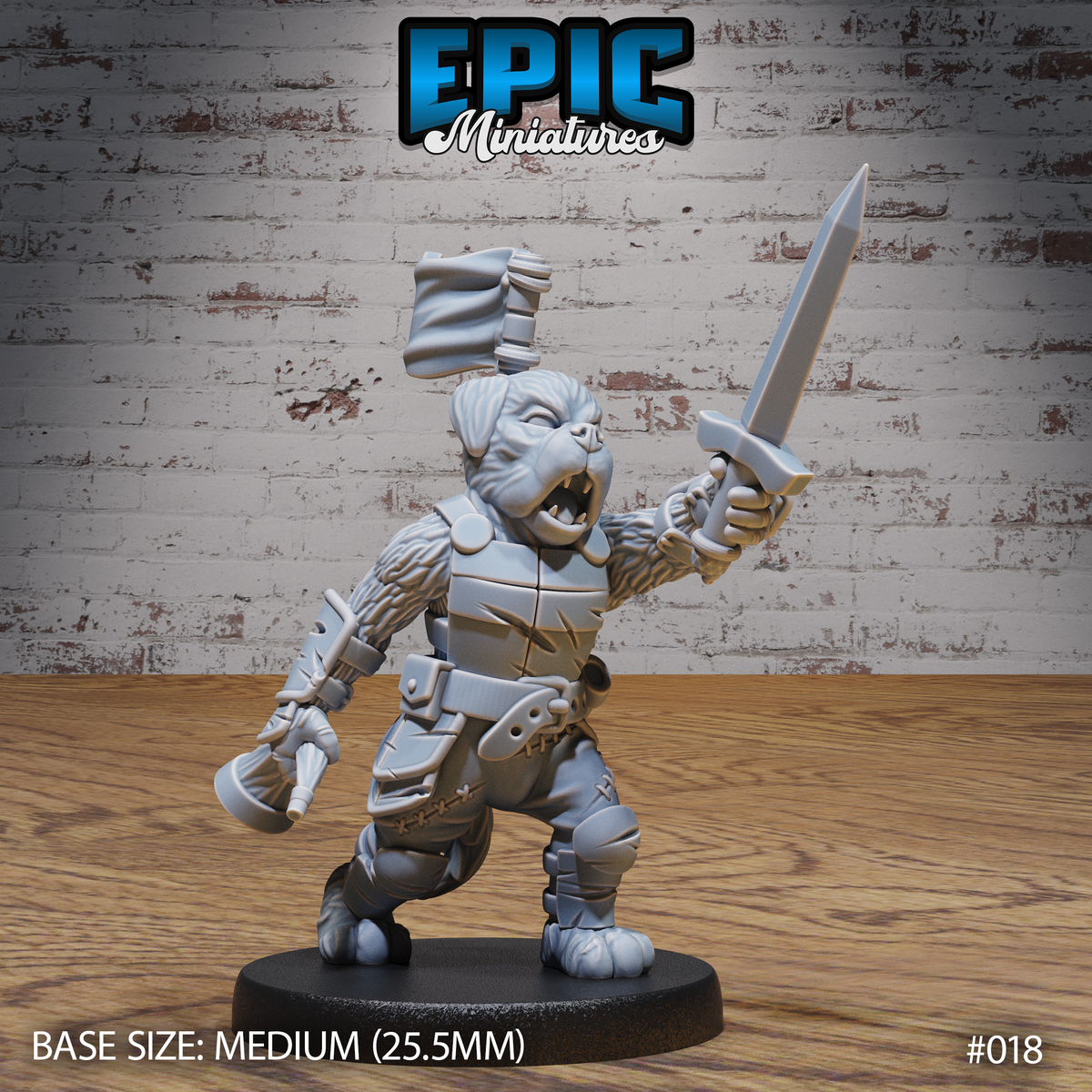 Snarling dog-folk warrior holding a short sword raised in his right hand and a hammer in his left, wearing layered leather armour with a banded cylindrical helmet. Sculpt by Epic Miniatures.