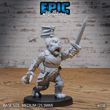 Snarling dog-folk warrior holding a short sword raised in his right hand and a hammer in his left, wearing layered leather armour with a banded cylindrical helmet. Sculpt by Epic Miniatures.