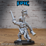 Dog-folk warrior seen from behind, sword raised overhead, hammer gripped low, showing strapped backplate, studded leather armour, and thick fur-covered arms and legs. Sculpt by Epic Miniatures.