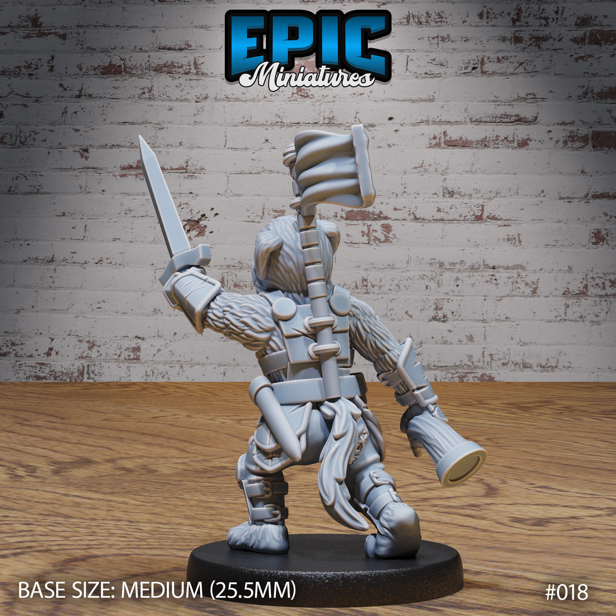 Dog-folk warrior seen from behind, sword raised overhead, hammer gripped low, showing strapped backplate, studded leather armour, and thick fur-covered arms and legs. Sculpt by Epic Miniatures.