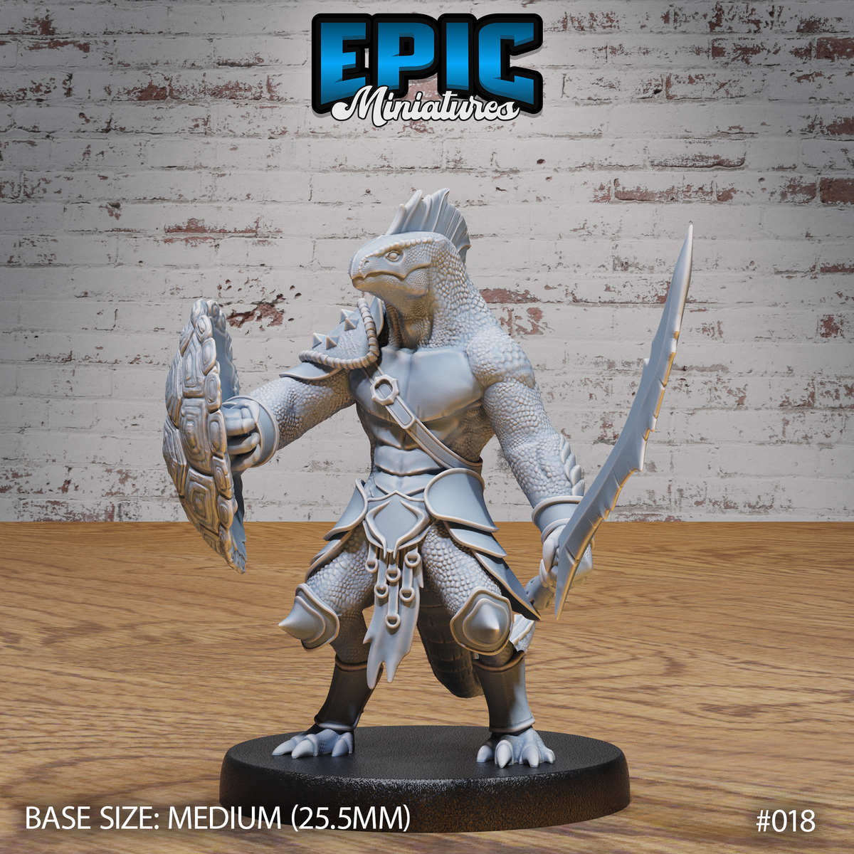 Lizardfolk warrior miniature facing forward, holding a serrated blade raised to the right and a wide rune-etched shield extended to the left, wearing layered scale armour with a cord necklace. Sculpt by Epic Miniatures.