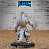 Lizardfolk warrior miniature seen from behind, revealing a muscular scale-textured back, dorsal crest running from skull to neck, serrated sword raised overhead and decorated shield held wide at the side. Sculpt by Epic Miniatures.