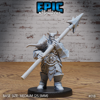 Heavily built orc warrior holding a large spiked halberd across his body with both hands, wearing horned helmet, skull-adorned chest armour, bone trinkets and fur-trimmed cloak. Sculpt by Epic Miniatures.