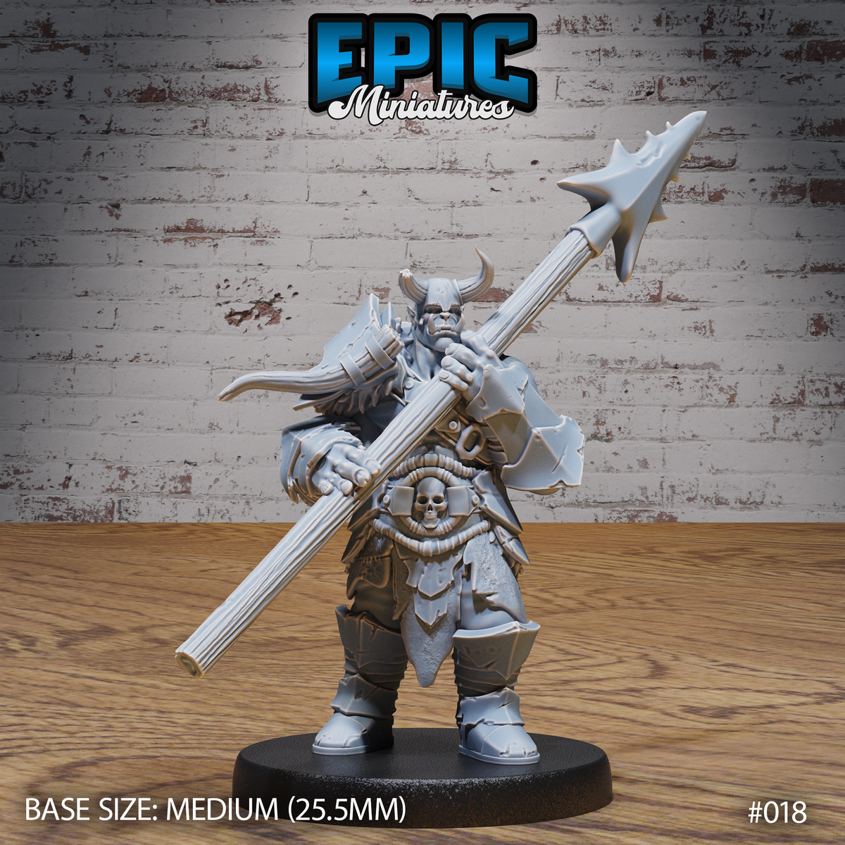 Heavily built orc warrior holding a large spiked halberd across his body with both hands, wearing horned helmet, skull-adorned chest armour, bone trinkets and fur-trimmed cloak. Sculpt by Epic Miniatures.