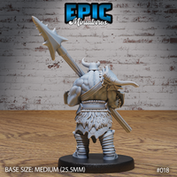 Orc warrior seen from behind, muscular back and feathered loincloth visible, carrying a long spiked halberd diagonally across his body, horned helmet prominent. Sculpt by Epic Miniatures.