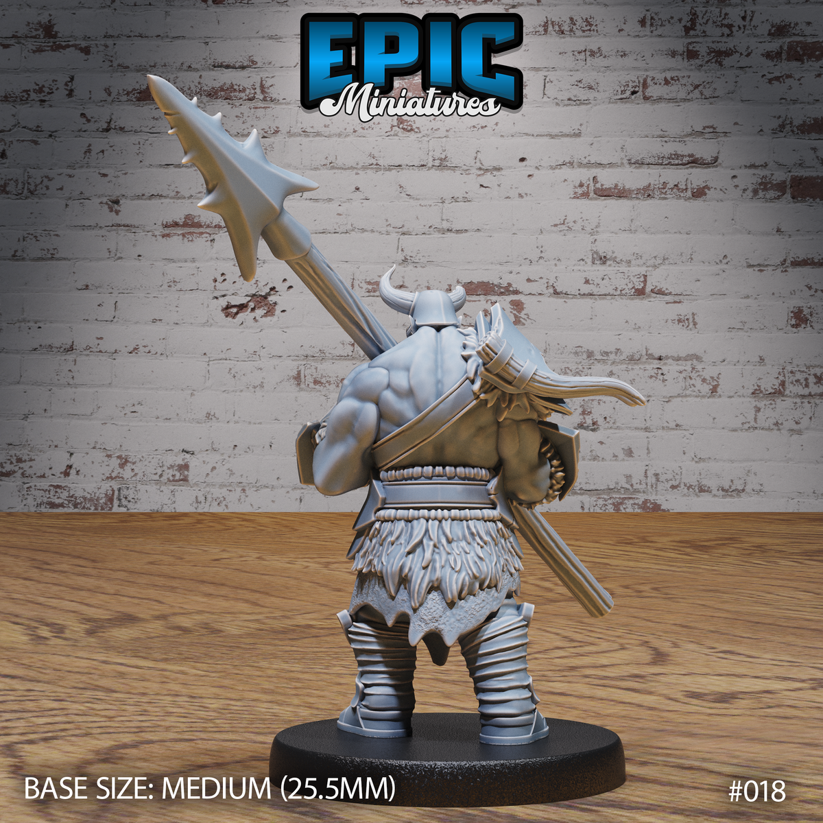 Orc warrior seen from behind, muscular back and feathered loincloth visible, carrying a long spiked halberd diagonally across his body, horned helmet prominent. Sculpt by Epic Miniatures.