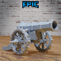 Spiked war cannon facing right, with a wide octagonal barrel, studded spoke-wheels ringed with conical spikes, and a crosshatched wooden carriage trail. Sculpt by Epic Miniatures.