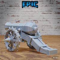 Spiked war cannon angled to show the rear carriage and bulbous barrel breech, with heavily studded spoke-wheels and planked timber trail extending behind. Sculpt by Epic Miniatures.