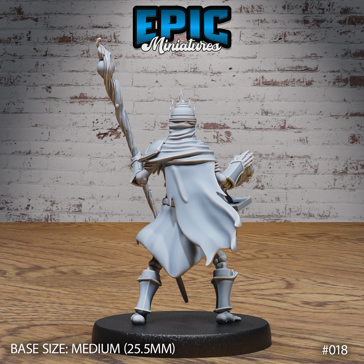 Skeleton king miniature seen from behind, showing a sweeping draped cloak falling to the base, armoured greaves and pauldrons, and a tall twisted staff raised in one hand with an open book held at the side. Sculpt by Epic Miniatures.
