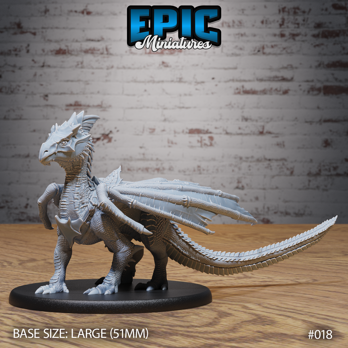 Young white dragon miniature by Epic Miniatures, rearing upright with ribbed wings half-spread, long scalloped tail sweeping behind, detailed overlapping scales and a spiked head crest, mounted on a 51mm oval base.