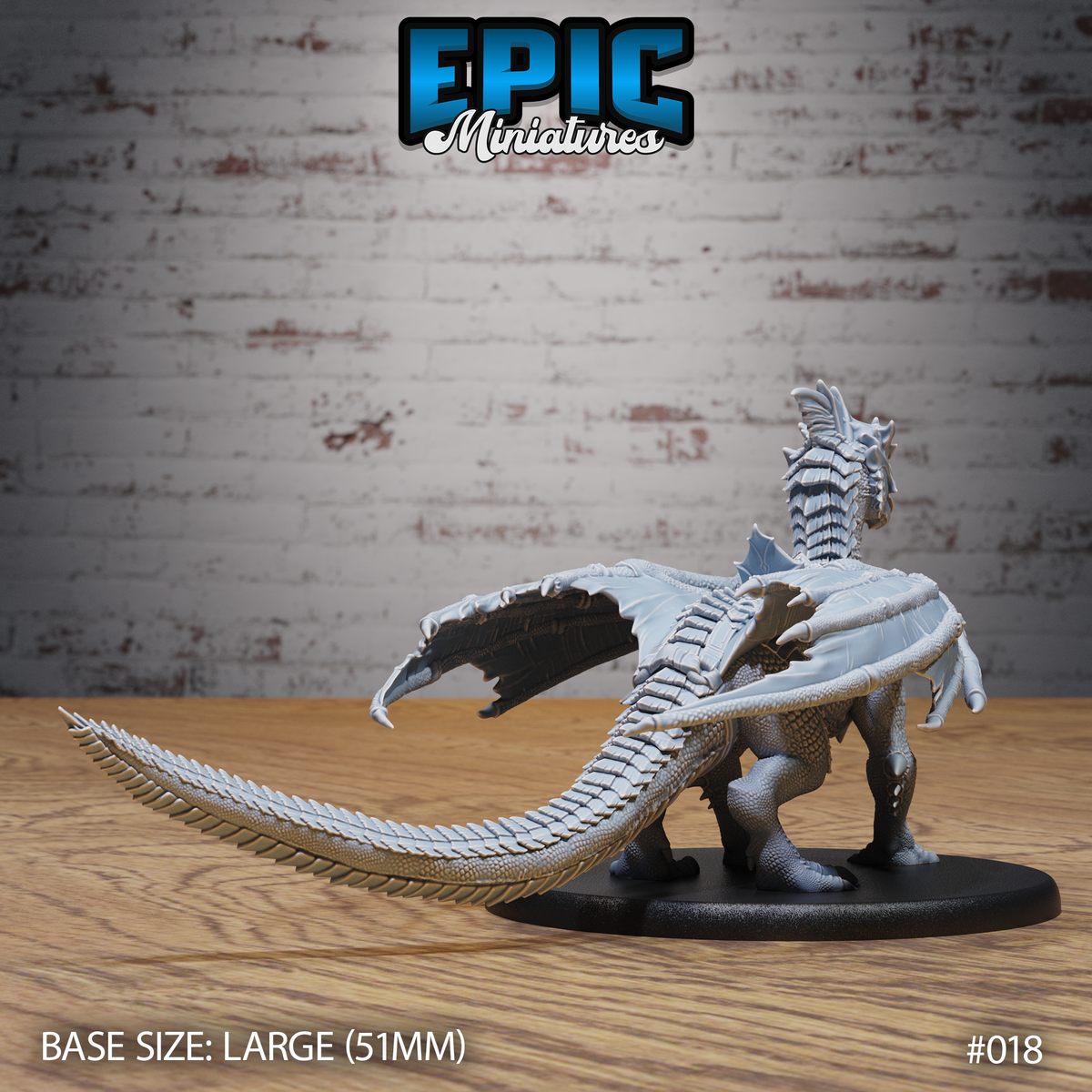 Young white dragon miniature by Epic Miniatures viewed from behind, showing the broad ribbed wing membranes, the serrated tail extending far to the left, and the raised spiked crest running down the neck and spine.
