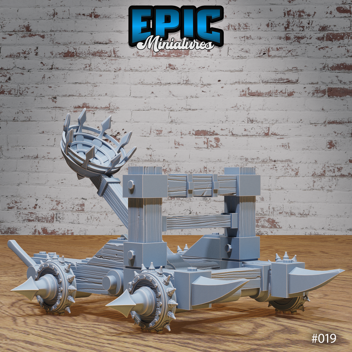 Dark Catapult war machine with arm raised and spiked iron basket aloft, showing the full wheeled chassis with spike-tipped axles and heavy timber frame. Sculpt by Epic Miniatures.