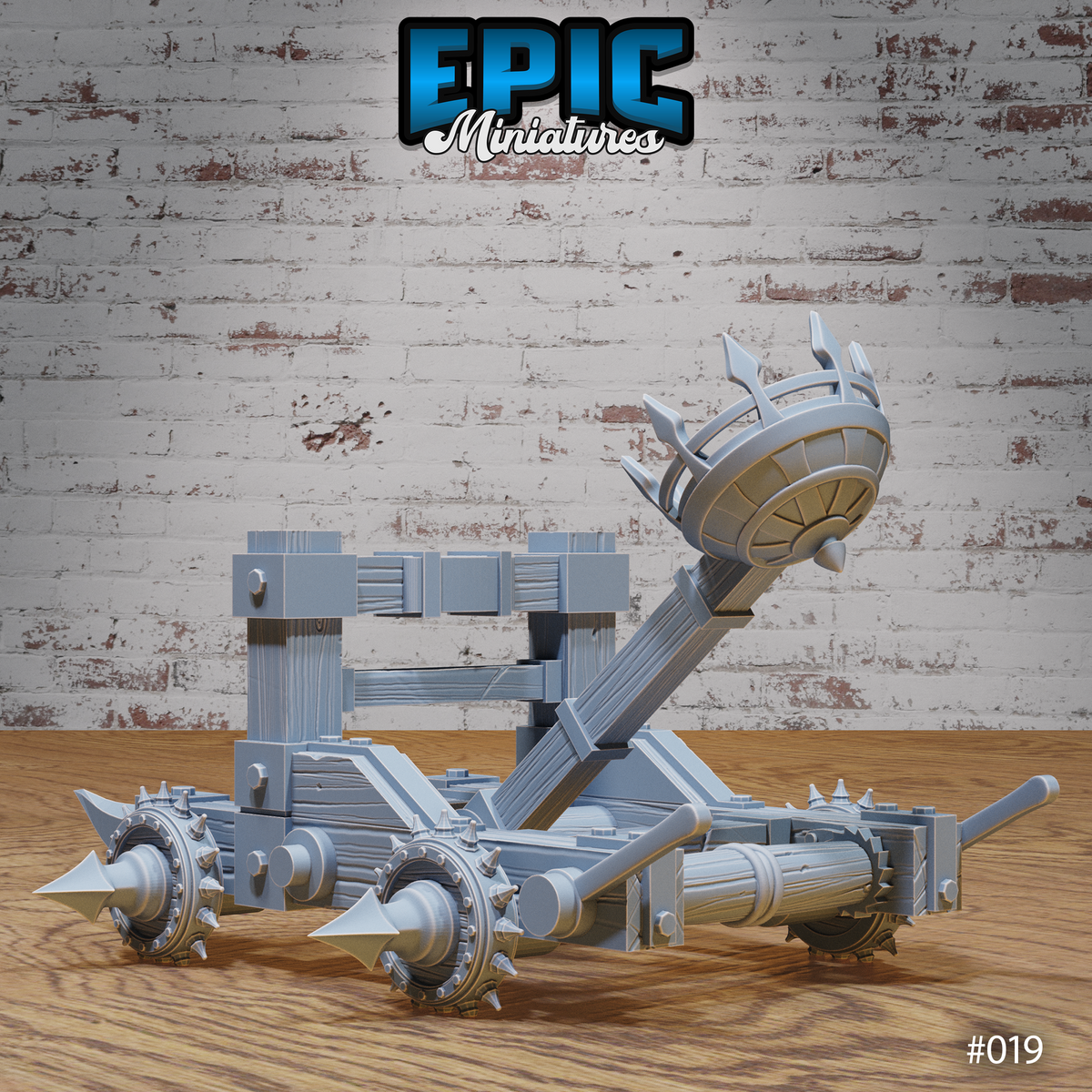 Dark Catapult with throwing arm angled upward and barbed basket visible from the side, revealing iron banding, counterweight housing, and outward-facing axle spikes. Sculpt by Epic Miniatures.