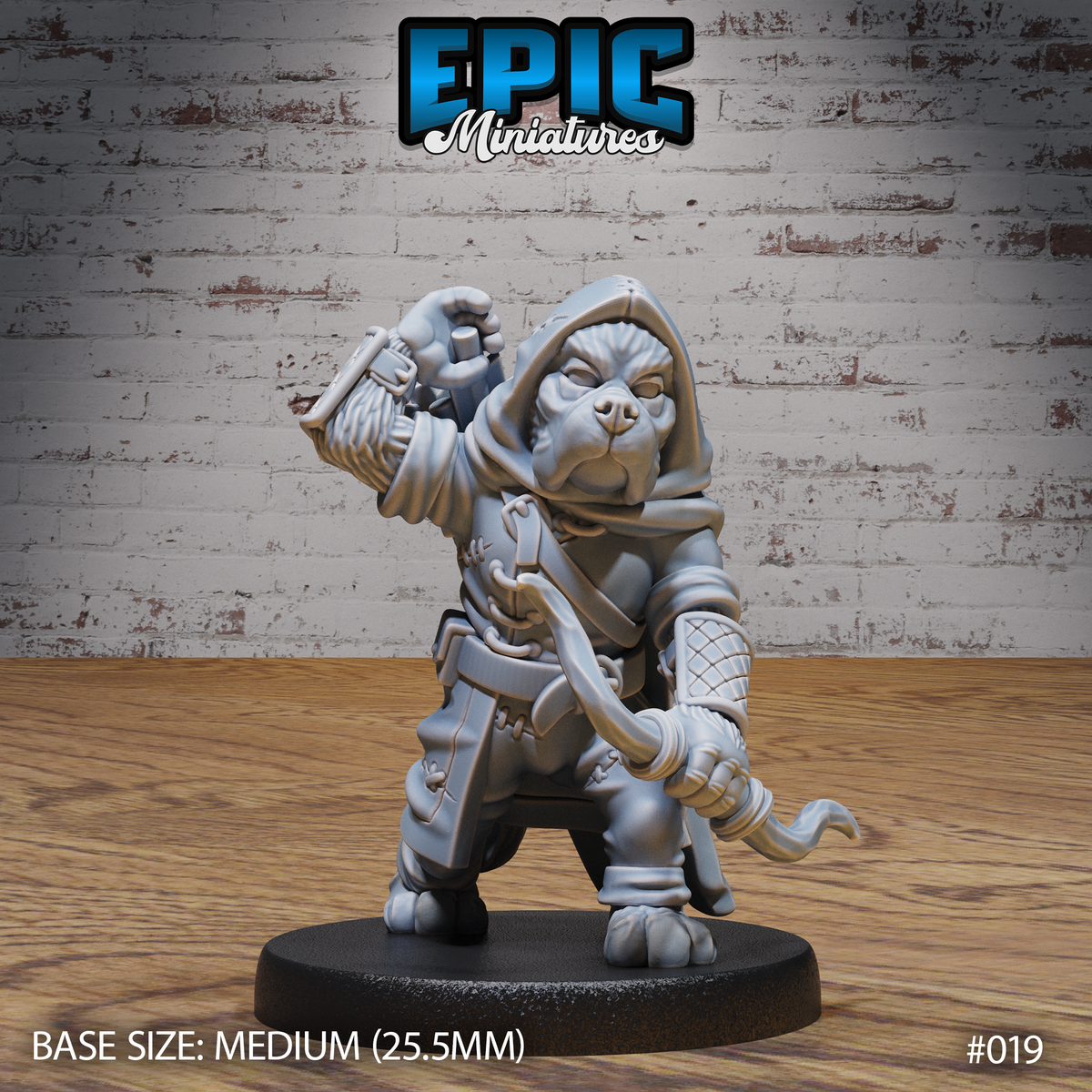Hooded canine humanoid archer in layered stitched robes and leather armour, fist raised holding a flask, crossbow tucked under one arm, tail visible behind robes. Sculpt by Epic Miniatures.