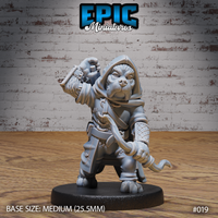 Hooded canine humanoid archer in layered stitched robes and leather armour, fist raised holding a flask, crossbow tucked under one arm, tail visible behind robes. Sculpt by Epic Miniatures.