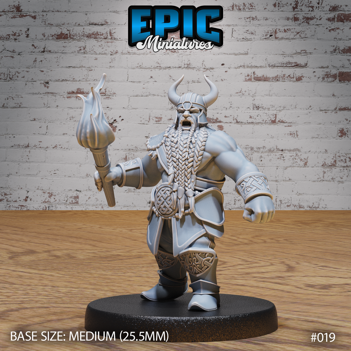 Broad-chested dwarf warrior striding forward, raising a flaming torch in his right fist, braided beard across his chest, wearing a horned helmet and Celtic knotwork bracers and greaves. Sculpt by Epic Miniatures.