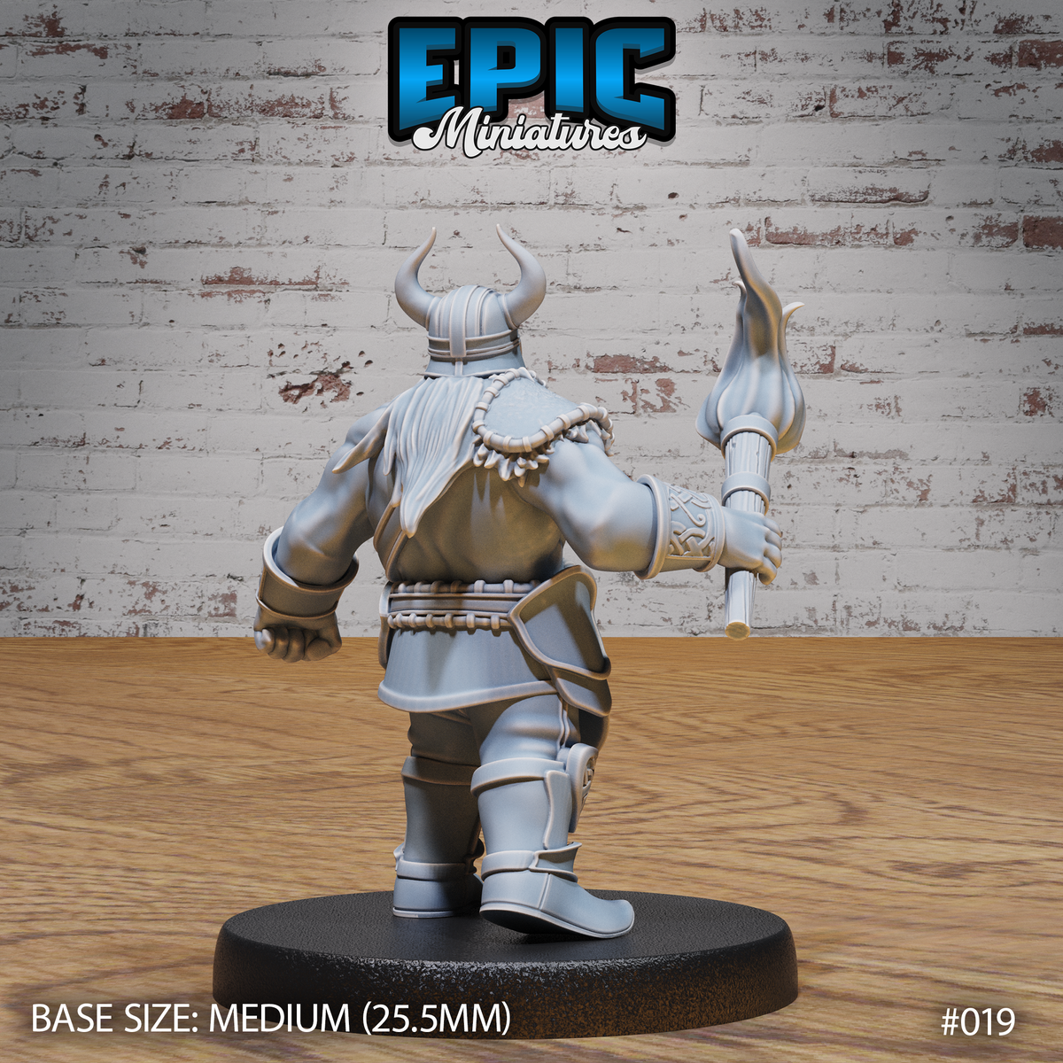 Dwarf warrior seen from behind, torch raised in his right hand, long braided beard visible down his back, horned helmet and layered armour with engraved knotwork detail on boots and belt. Sculpt by Epic Miniatures.