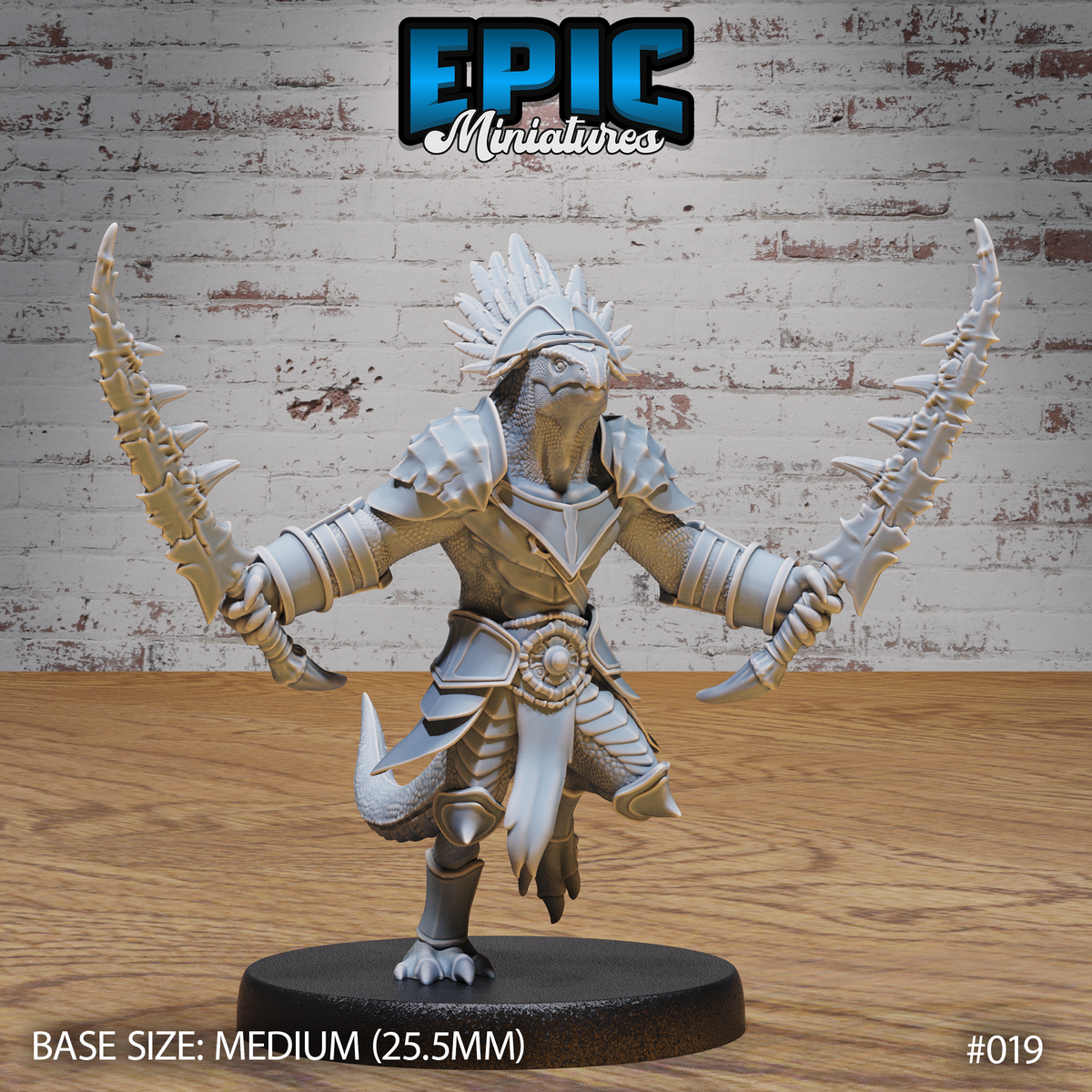 Lizardfolk warrior in a wide combat stance, both arms raised holding long spine-ridged blades, wearing layered plate armour over scaled skin, feathered crest helm, one foot raised mid-step. Sculpt by Epic Miniatures.