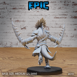 Lizardfolk warrior seen from behind, spine-ridged blades extended wide, feathered crest visible from the rear, detailed scale texture across bare back and tail, layered armour on arms and shoulders. Sculpt by Epic Miniatures.