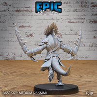 Lizardfolk warrior seen from behind, spine-ridged blades extended wide, feathered crest visible from the rear, detailed scale texture across bare back and tail, layered armour on arms and shoulders. Sculpt by Epic Miniatures.