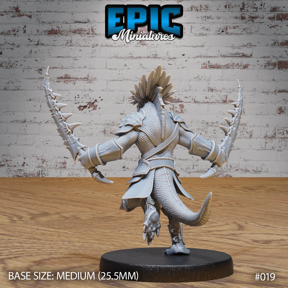 Lizardfolk warrior seen from behind, spine-ridged blades extended wide, feathered crest visible from the rear, detailed scale texture across bare back and tail, layered armour on arms and shoulders. Sculpt by Epic Miniatures.