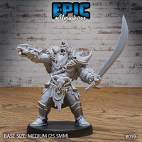 Snarling orc warrior in wide stance, one arm raised bellowing a war cry, the other holding a long curved sword. Wears horned helm, animal pelts, spiked armour, and skull fetishes. Sculpt by Epic Miniatures.