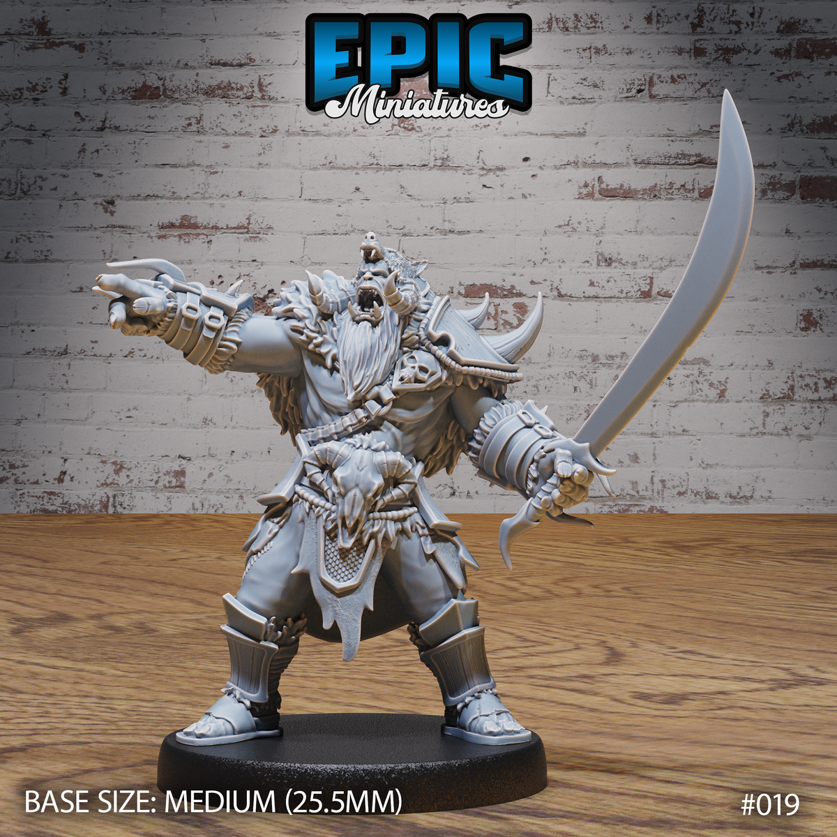Snarling orc warrior in wide stance, one arm raised bellowing a war cry, the other holding a long curved sword. Wears horned helm, animal pelts, spiked armour, and skull fetishes. Sculpt by Epic Miniatures.