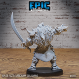 Orc warrior seen from behind, broad matted mane of hair visible over layered fur cloak and spiked pauldron, curved sword raised in right hand, gauntleted left arm extended outward. Sculpt by Epic Miniatures.