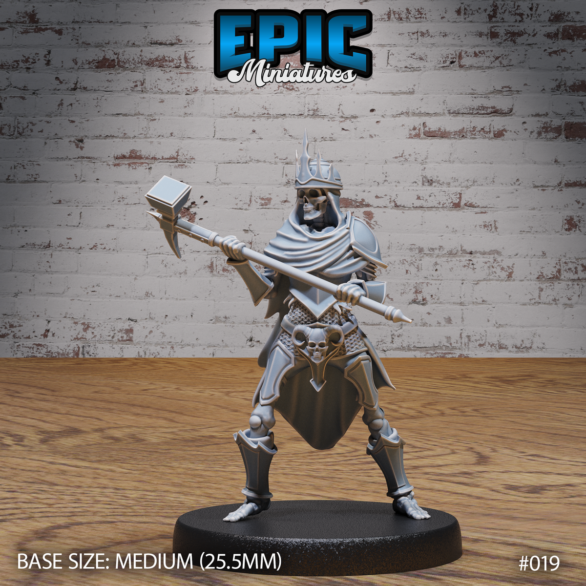 Skeleton warrior in a horned crown and plate armour, gripping a long-hafted hammer-axe at mid-swing height, wide-legged stance, skull-decorated belt plate, flowing cloak, sculpted by Epic Miniatures.